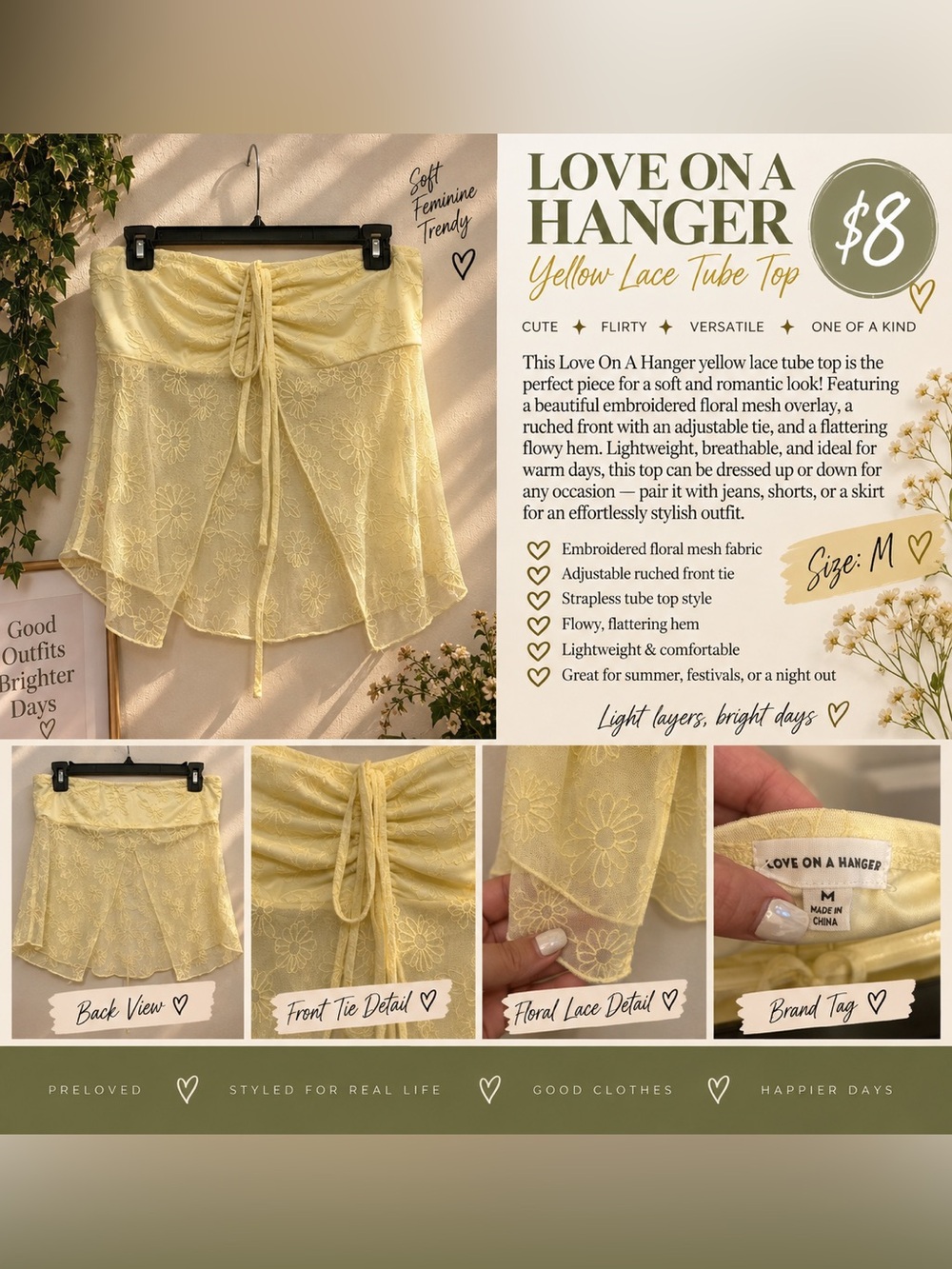 love on a hanger Yellow Embroidered Lace Tube Top with Front Tie